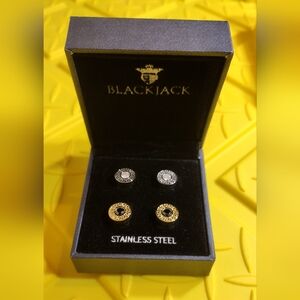 BLACKJACK MENS JEWELRY BLACKJACK EARRINGS STAINLESS STEEL X 4 SILVER GOLD  TONE